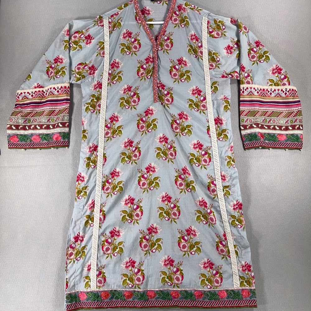 Sapphire Floral Print Embroidered Lawn Kurti Tunic Blue Pink XL
